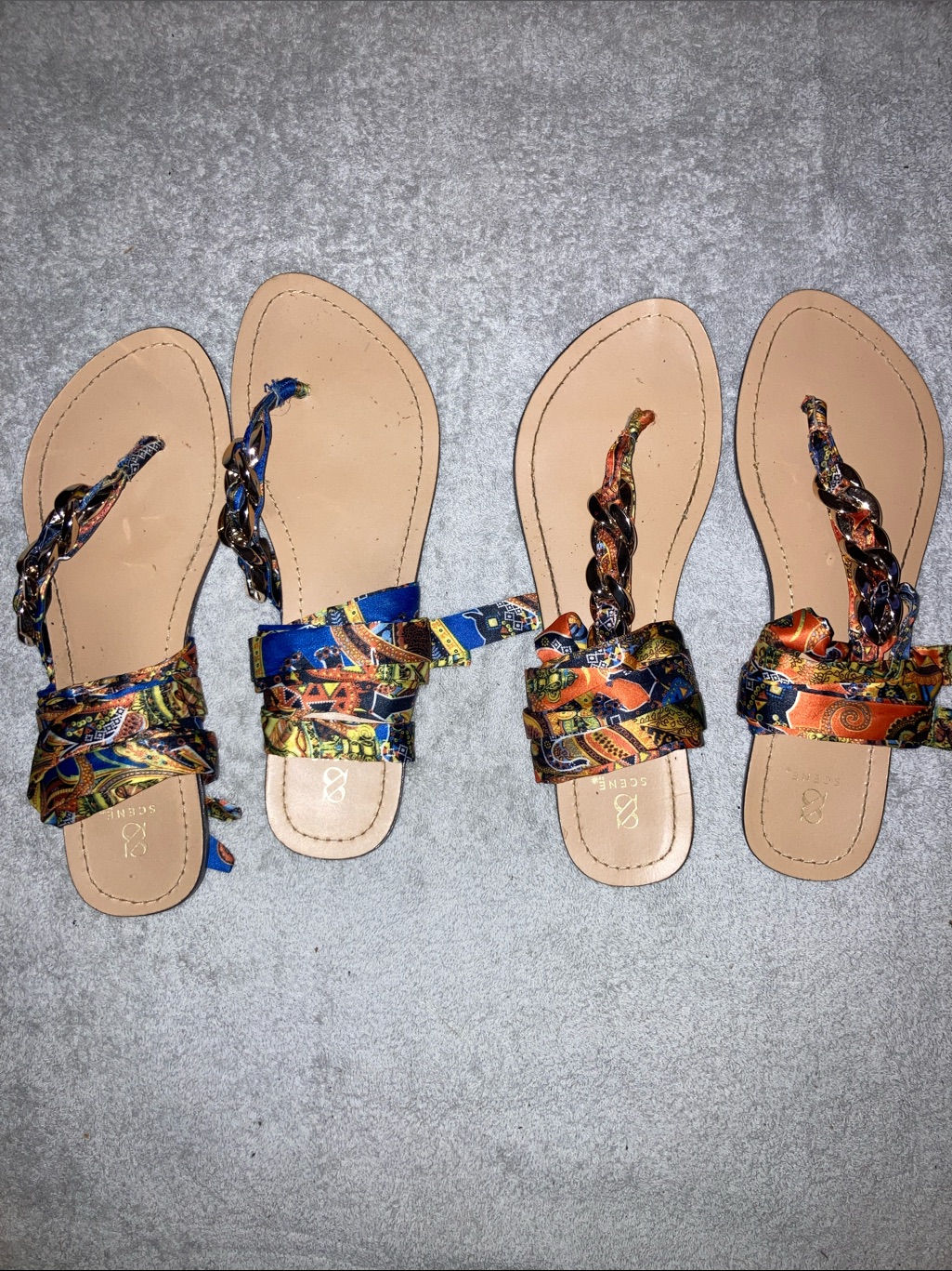 Star Scene Leather Sandals With Multicolor Patterned Scarf Straps